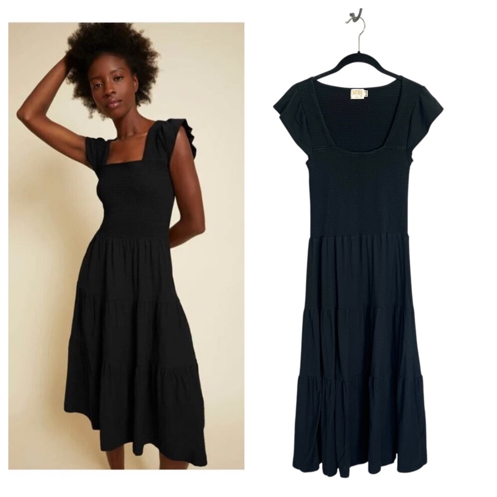 Nation LTD Josie square neck smocked midi dress black pima cotton sz S